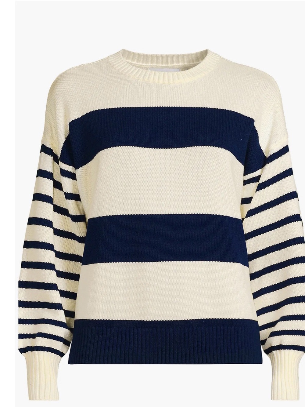 Lands' End Navy and Cream Striped Crewneck Sweater